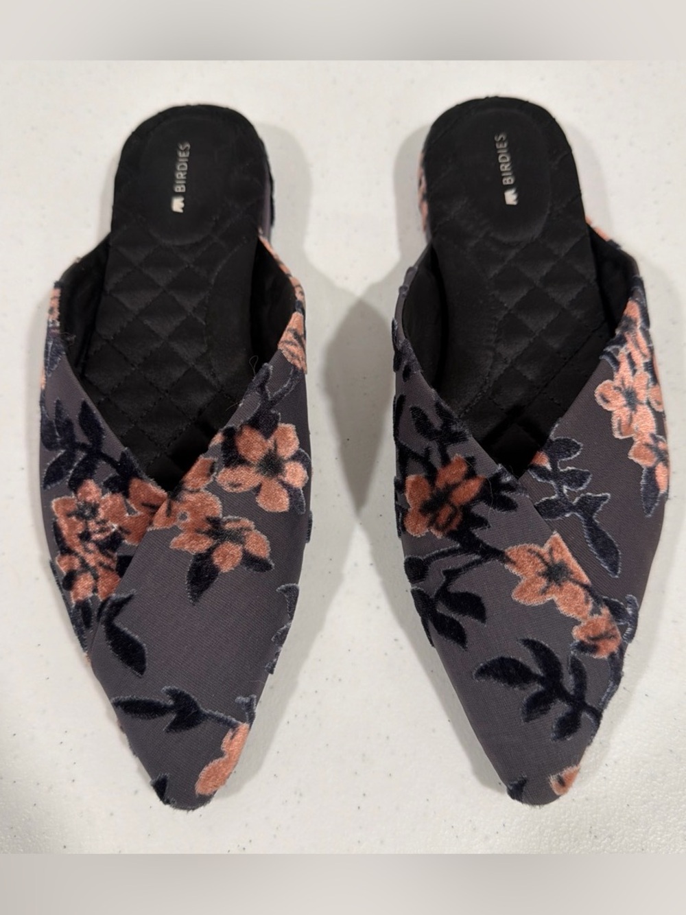 NWOT Birdies “the swan” Pointed Floral velvet mules in Gray and Peach - Picture 3 of 8